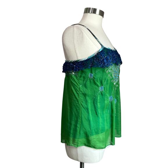 Y2K Free People Boho Hippie Teal and Green Silk Embroidered Tank Top Size 8 - Picture 2 of 11